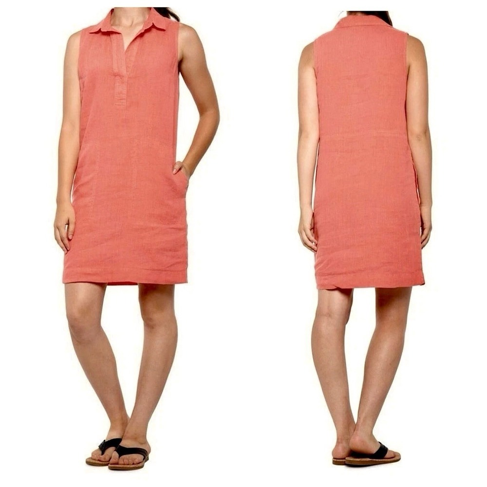 C&C California 100% Linen Sleeveless Shift Dress Sz 14 Vintage Look Hot Coral